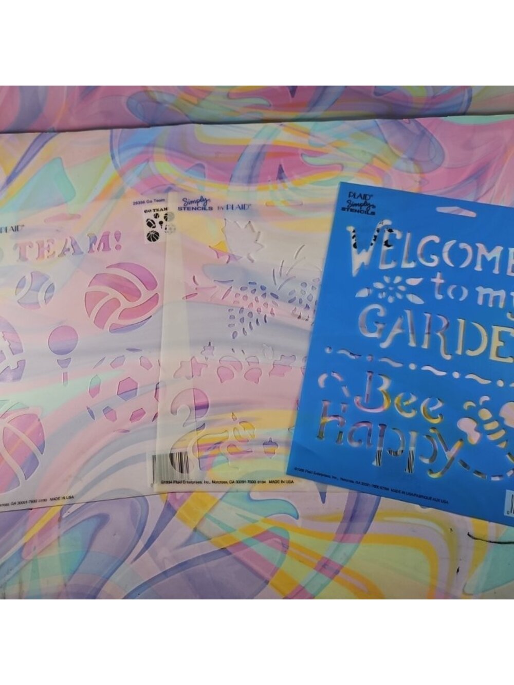 Lot of 3 Plaid Simply Stencils: "Go Team" Sports, "Gathering Time". Garden